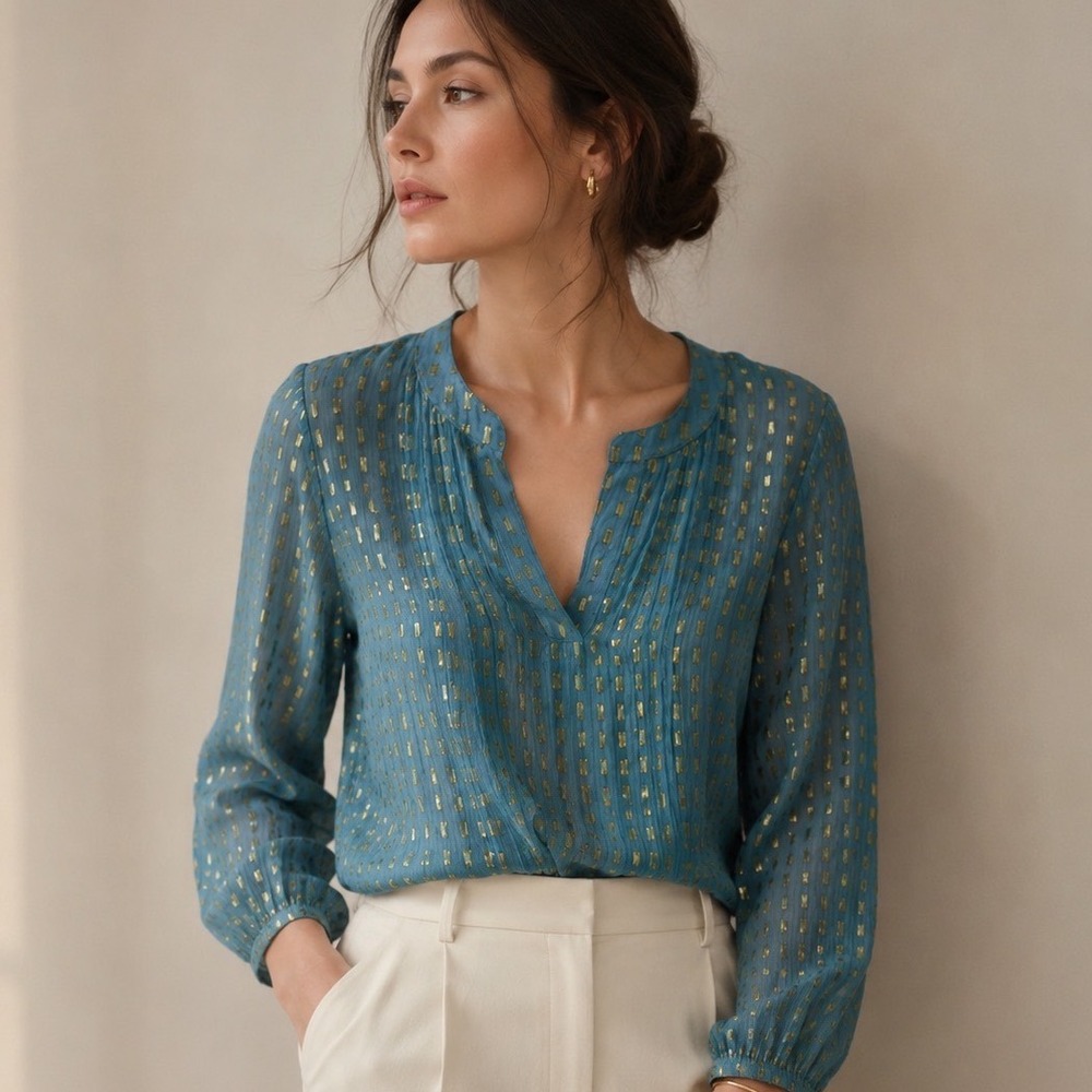 Lilly Pulitzer Tunic Blouse Women S Blue Gold Silk Metallic Clip Dot 92254‎